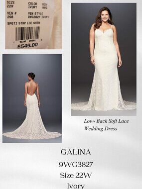 Soft Lace, Low Back Wedding Dress, Ivory, 22W, Galina Signature Style 9WG3827